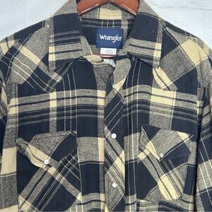 Wrangler Flannel Plaid Pearl Snap Large Western Shirt Tan Black Cowboy
